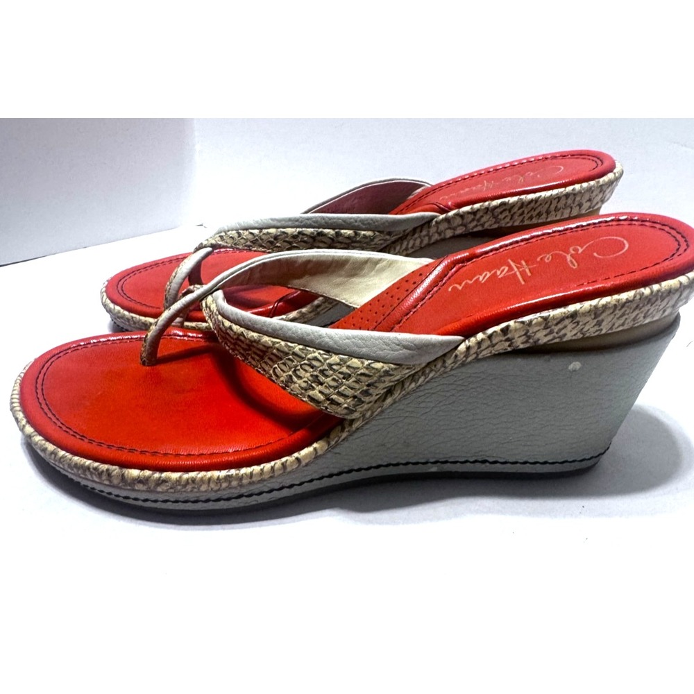 Women's Cole Haan Beige Leather Wedge Thong Toe Loop Sandals Shoes 7.5 AA narrow